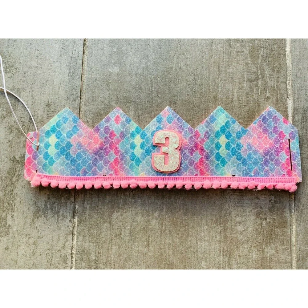 Girls Toddler 3rd Birthday 3 Year Old Party Hat Mermaid Glitter Sparkle Crown